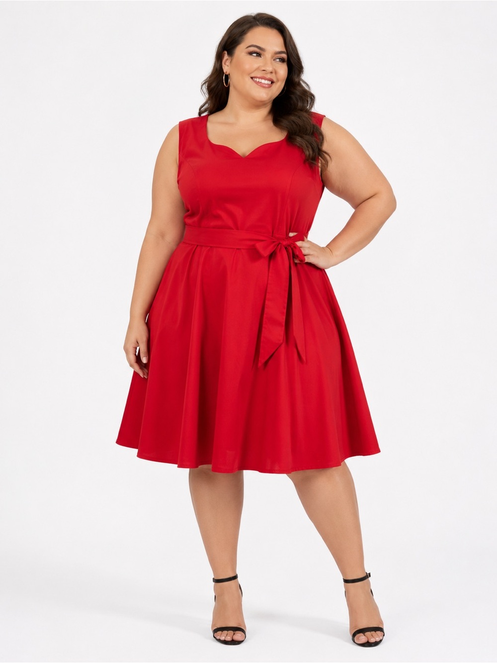 Sleeveless Red Midi Dress with Self-Tie Waist 50’s retro swing, 3XL